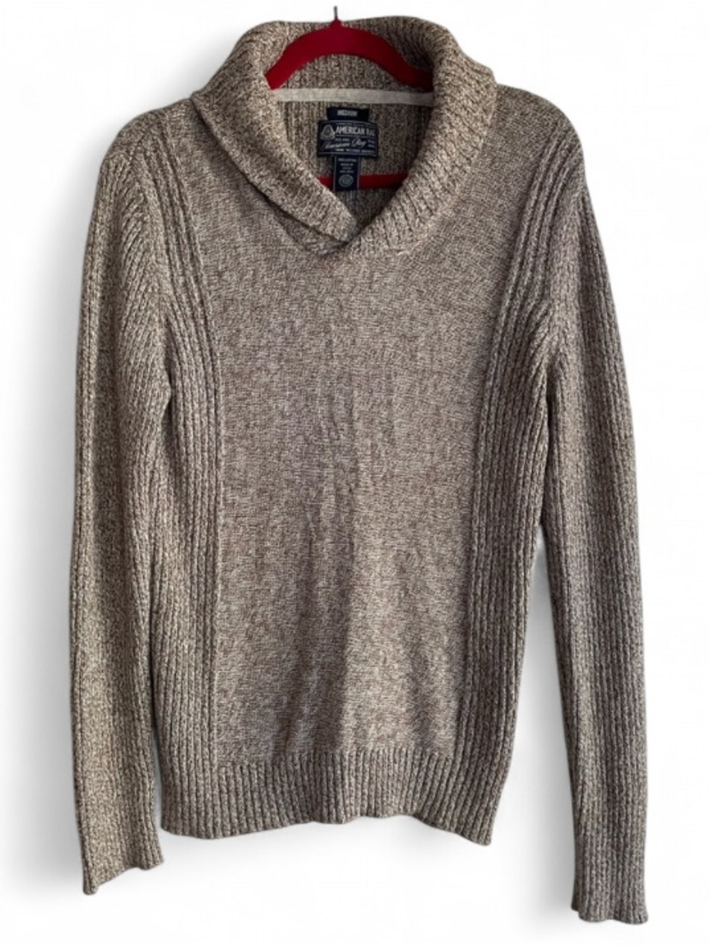 American Rag Women's 100% Cotton Brown Tweed Shawl Collar Knit Sweater Size M